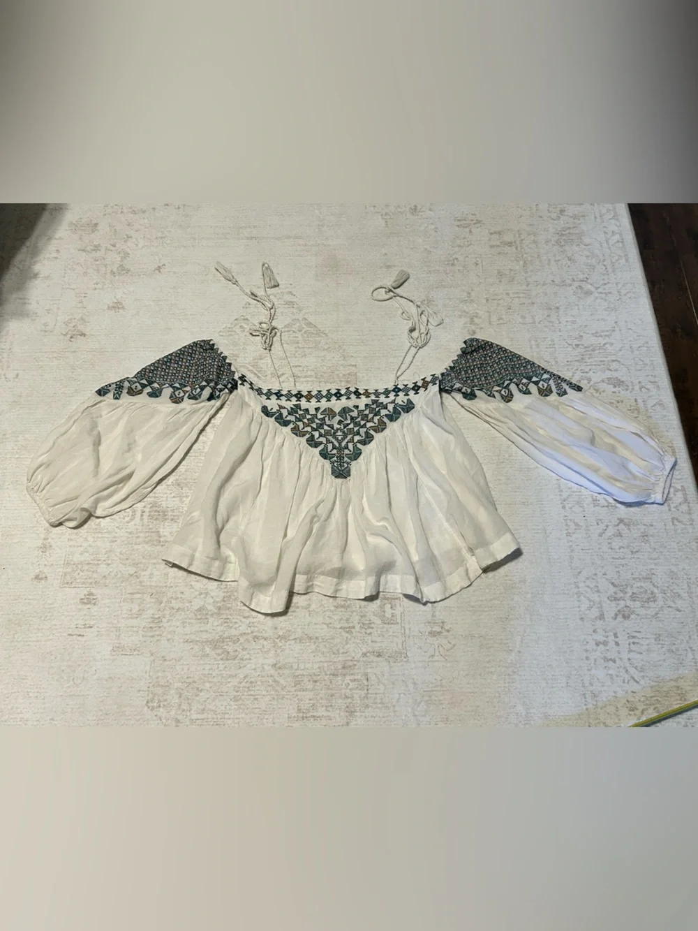 Free People Boho White Off-Shoulder Tunic with Teal Embroidery